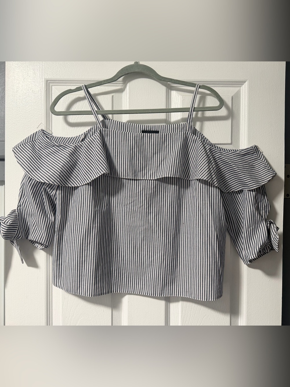 Topshop Blue White Stripe Off Shoulder Tie Sleeve Crop Top US 8